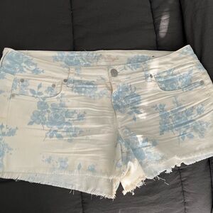 American Eagle Outfitters White Denim Shorts with Light Blue Floral Print